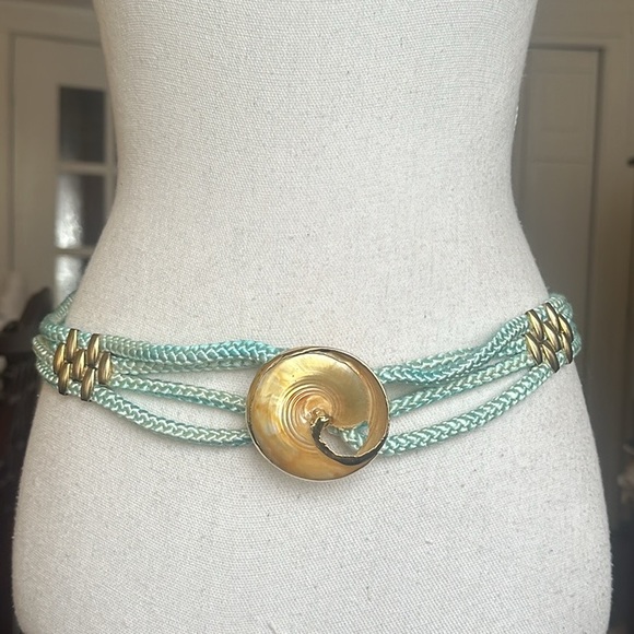 Handmade Rope & Gold Metal Belt / Necklace w/ Pearlized Round Buckle / Pendant - Picture 2 of 16